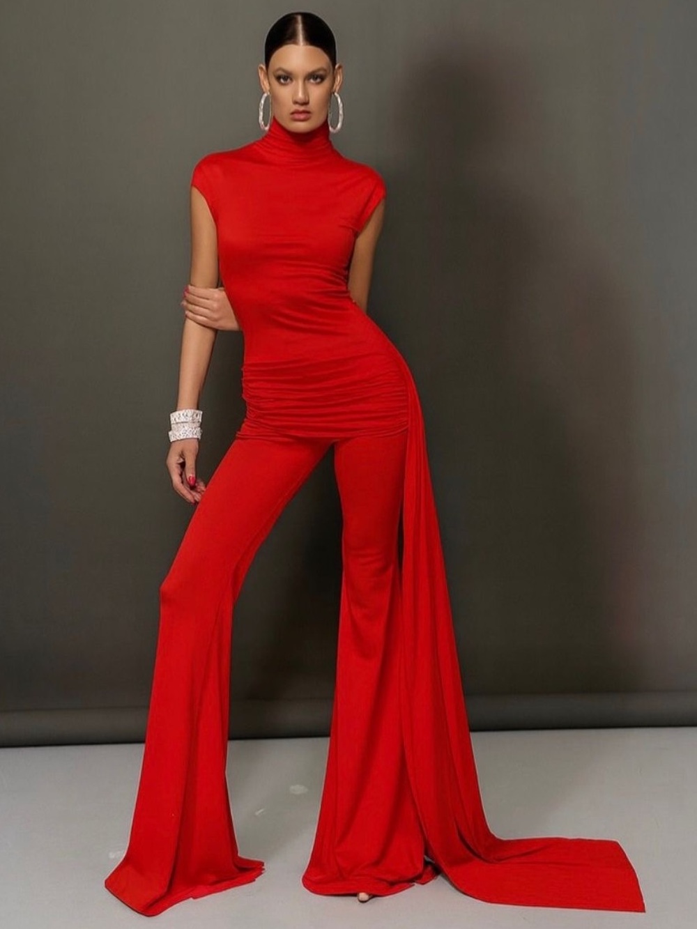 High-Neck Women's Jumpsuit with Draped Side Panel RED